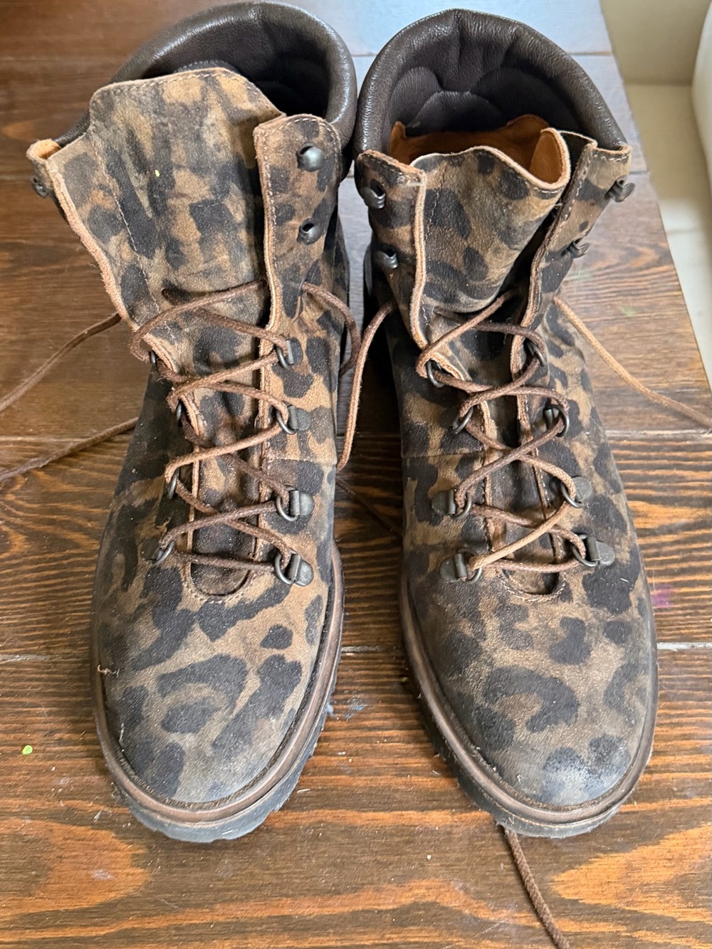 Sundance Leopard Print Suede Lace-Up Hiking Boots in Brown and Black